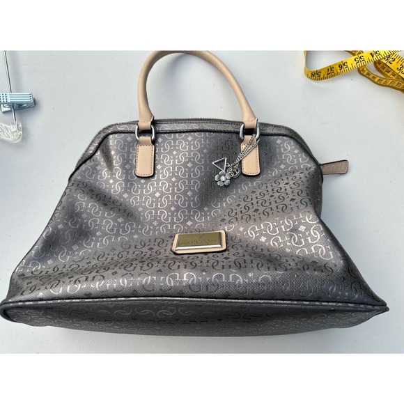 Guess Handbags - Guess Satchel Handbag Metallic Pewter Logo Embossed Tan Handles Leopard Lining